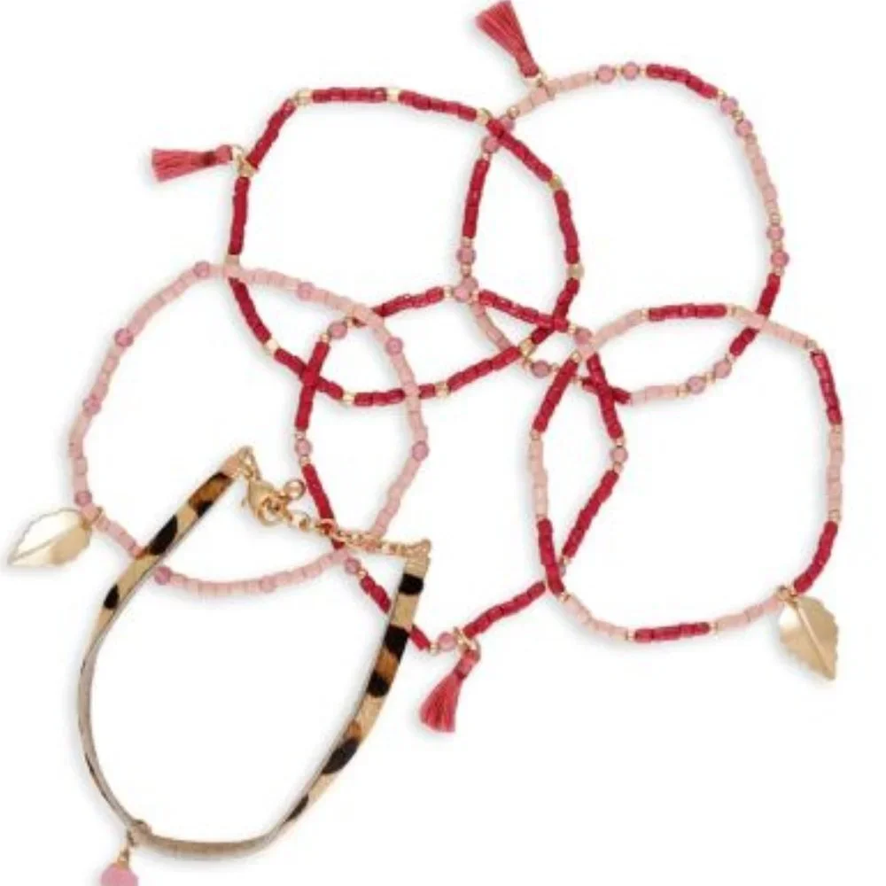 MYRA BAG‎ Max2Max Bead & Leopard Print Hair-On Stacking Bracelet Set NWT